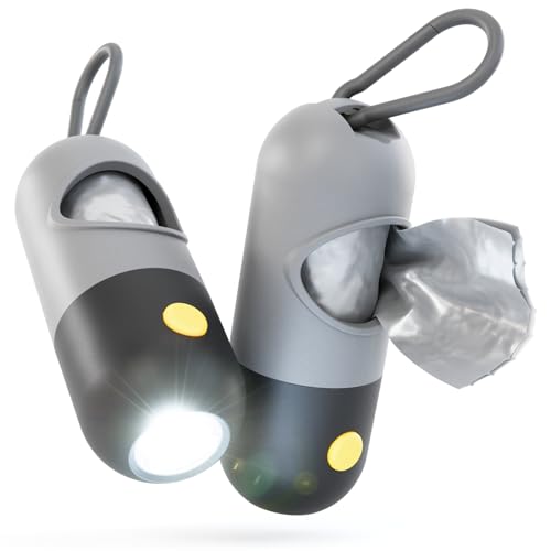 greate 2x Kotbeutelspender für Hunde mit Taschenlampe & Karabinerhaken - Kotbeutelspender für Hundeleine - Hundekotbeutelspender mit Licht inkl. 30 Kotbeutel - Hundekotbeutel Halter, Kotbeutelhalter