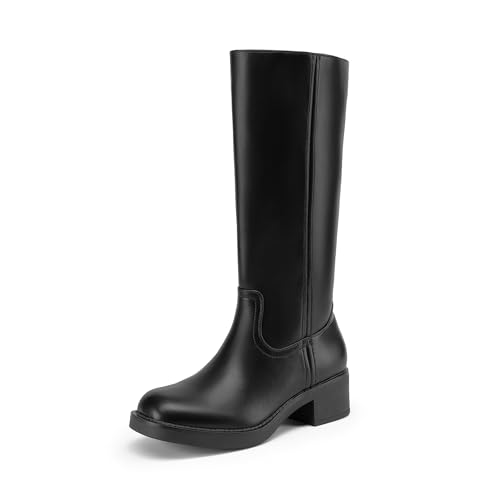 DREAM PAIRS Kniehohe Damenstiefel, bequemer, klobiger Blockabsatz, spitzer Zehenbereich, seitlicher Reißverschluss, Wildleder-Slouch-Reitstiefel,Size 39,Schwarz,DWUMKB2539