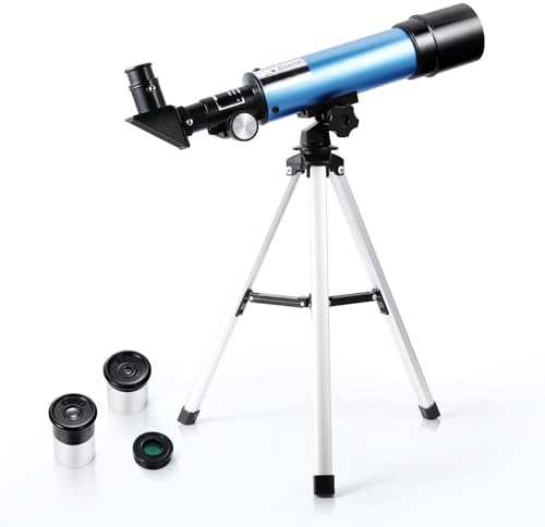 Teleskop für Anfänger Kinder, 50mm Öffnung 360mm Öffnung Refraktor Teleskope, tragbares Astronomie Teleskop 90X mit Stativ, 2-Okulare, 1.5X Barlow Len