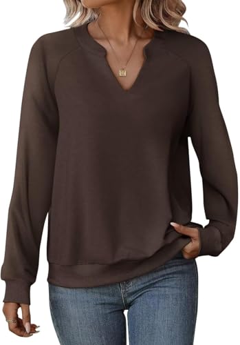 Cuptacc Pullover Damen Winter Langarmshirt Damen Elegant Lange Ärmel V-Ausschnitt Lässig Weicher Stoff Top Kaffee Größe L 42-44