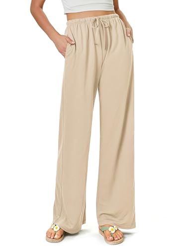 Glacspyg Damen Hosen Flowy Wide Leg Freizeithose Casual Beach Strandhose High Waisted Kordelzug Palazzo Hosen mit Taschen Khaki M