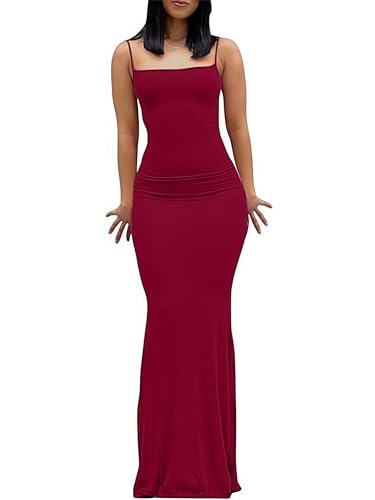 OZYILIAN Damen Cami Bodycon Kleid Casual Basic Kleid Spaghetti Strap Maxikleid(Wine Red-1, M)