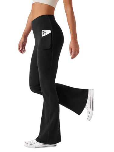 Friptspyg Hosen Damen mit Taschen Schlag Yogahose Hoher Taille Sporthose Elastische Freizeithose,Schwarz S