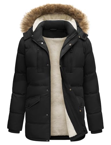 heekpek Herren Winterjacke Outdoor Parka Jacken Lang Männer Warme Winddicht Wasserabweisend Fleece Gefüttert Wintermantel mit Kapuze, Schwarz, L