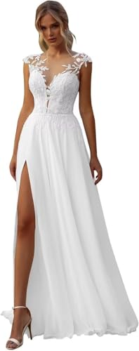 TANPAUL Boho Beach Brautkleider Spitze Hochzeitskleider für Damen Chiffon Lange Braut Standesamtkleider für Hochzeit Weiß 40