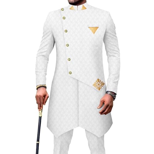 Afrikanische Anzüge für Herren, einreihig, schmale Passform, Blazer und Hose, 2-teiliges Set, Dashiki-Kleidung für Hochzeit, Weiss/opulenter Garten, M