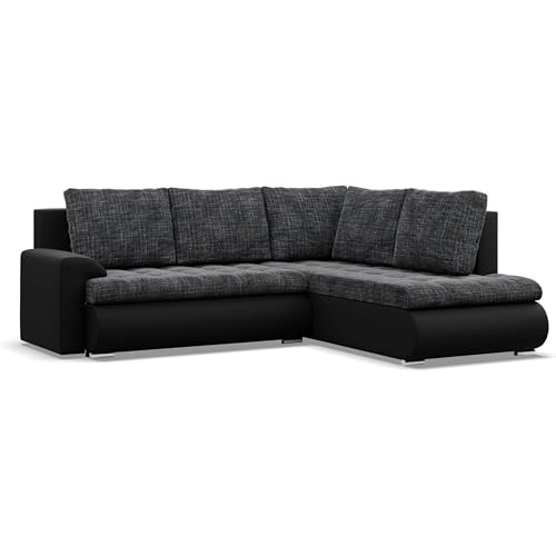 Mebligo - Ecksofa mit Schlaffunktion und 2 Bettkasten Schwarz + Schwarz 230x89x200 (BxHxT) FORESTA - Rechts Eckcouch, Sofas & Couches, Couch L Form, Cauchsofa, Sofa Wohnzimmer, Ecke Sofa