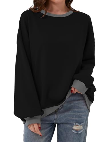 Chicrise Pullover Damen Oversized Locker Leichte Pullover Crew Neck Langarmshirt Casual Schwarz 2X-groß 50-54