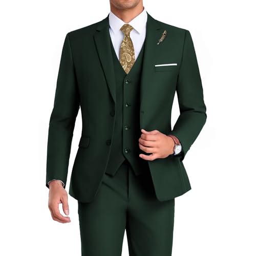 Mrbuerly High-End Suits 3-teiliges Herren-Anzug-Set, schmale Passform, für Trauzeugen/Abschlussball, Anzug für Herren, Zwei Knöpfe, Business-Anzug, Jacke, Weste, Hose und Krawatte, dunkelgrün, XL