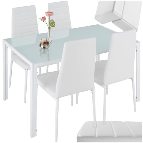 tectake Essgruppe Set Tisch und Stühle, Esstisch und 4X Stuhl, strapazierfähiges Kunstleder, Tischplatte aus Sicherheitsglas, Küchenstühle modern, Küche - weiß