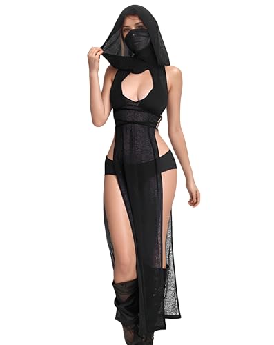 Mingnos Goth Durchsichtiges Kleid Damen Rave Outfit, Schwarzes Cutout Doppelter Hoher Schlitz Kleid für EDM Festival Outfits Club Night Out Kleider Schwarz, M