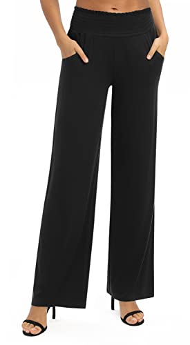 EXCHIC Damen Leichtgewicht Elastisch Hohe Taille Hose Casual Weite Bein Dehnbar Lounge Hosen mit Taschen (M, Schwarz)