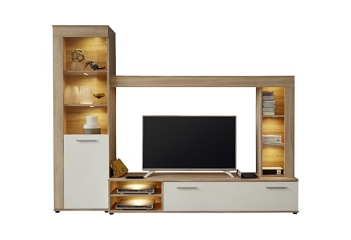 trendteam smart living - Logo - Wohnwand - Braun - Anbauwand mit 1 Tür, 1 Klappe und 6 offenen Fächern - (BxHxT) 240 x 185 x 41 cm - Silber-mattfarbene Griffe
