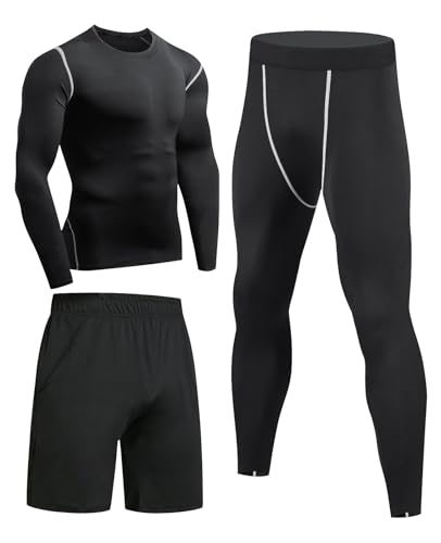 Niksa Sportbekleidung Herren Fitness Bekleidung Trainingsanzug 3pcs Set Fit elastische Sportwear Fitness Kompressionsshirt Langarmshirt Sporthose Leggings (Größe M Bust =90, Long Sleeve(163515)*D)