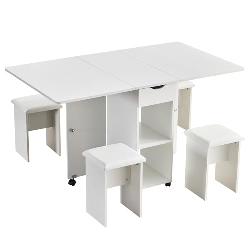 EROMMY Esstisch mit 4 Stühlen 140x80x76cm,Klappbarer Klapptisch,2 Ablageflächen und Schubladen und 6 Feststellbaren Rädern für Kompakte Küchen Esszimmer