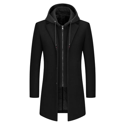 KUDMOL Herren Wolle Trenchcoat Solid Casual gepolstert Outdoor Overcoat Lange Kapuze Warmer Mantel Jacke(Schwarz,M)