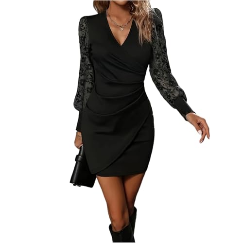 Cocktailkleid Damen Abendkleider Elegant Partykleid Spitze Langarm Herbstkleid Damen Midi Spitzenkleid V-Ausschnitt Tunika Kleid Elegante Kleider A-Linie Winterkleid