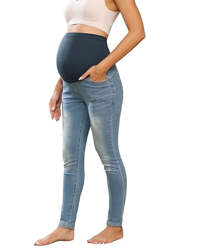 Maacie Umstandshosen Lange Elastisch Jeans für Schwangerschaft Bequem Jeans Frühling Sommer Blau M