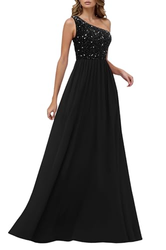 HOMEYEE Damen Elegant Pailletten Mesh Eine Schulter Glitzer Ballkleid Sexy Rückenfrei Abendkleider A-Linie Hochzeitskleid A503 (M, Schwarz)