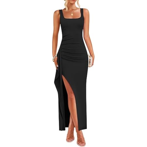 AOWVUTS Damen Abendkleid Sexy Ärmelloses Maxikleid Quadratischem Ausschnitt Ballkleider mit Schlitz Festliche Elegant Bodycon Lang Hochzeit Partykleid Cocktailkleid