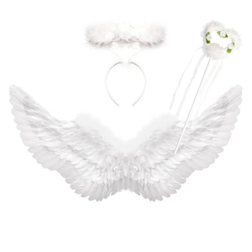 Winwild 3er Engelsflügel Weiß mit Heiligenschein & Zauberstab Set,75cm Engel Flügel Damen Engel Teufel Feen Kostüm Accessoires Erwachsene für Halloween Karneval Cosplay Party Fasching Verkleidung