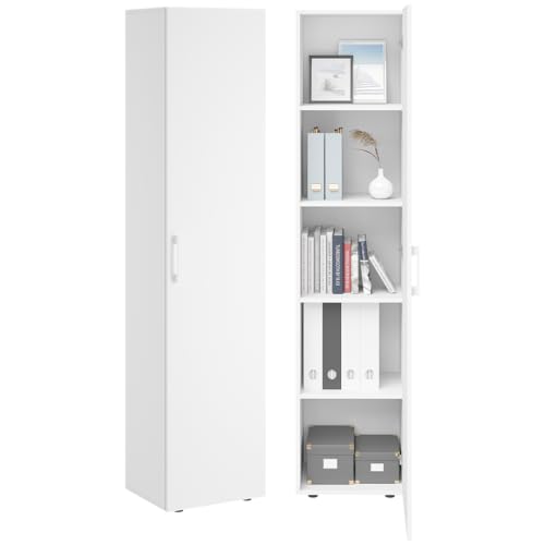 Bellamio Apol Aktenschrank Weiß – Mehrzweckschrank 40 cm breit – Hochschrank schmal aus Holz – Aufbewahrungsschrank mit Doppeltüren & 5 Fächern – Büroschrank, Flurschrank, Allzweckschrank