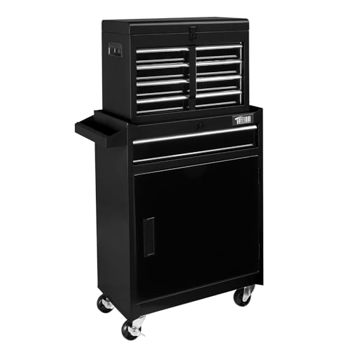 Bonnlo 2 in 1 Werkstattwagen mit 1 verstellbare Schrank & 5 Schubladen,Werkzeugwagen mit seitliche Werkzeugablage,Schnalle, Griff, Schubladensperrstange, Werkstattschrank 58x33.5x70 cm, Schwarz