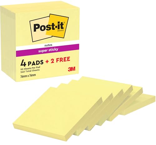 Post-it Super Sticky Notes Kanariengelb, Packung mit 6 Blöcken, 90 Blatt pro Block, 76 mm x 76 mm, Farbe: Gelb - Extra-stark klebende Notizzettel für Notizen, To-Do-Listen und Erinnerungen