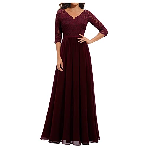 FUPODD Chiffonkleid Festlich Extra Lang Bodenlanges Mit V-Ausschnitt Tüllkleid Kurzarm Spitze Rüschen 50er Rundhals Abendkleider Spitze Bodenlange Cocktailkleid Festliche 3/4 Ärmel Festliche