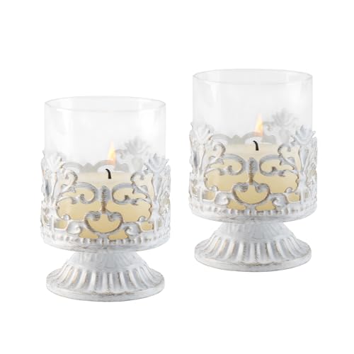Candeldo Deko Vintage Gothic Kerzenständer Weiss: 2er Set Windlicht Kerzenleuchter Kerzenhalter Metall Landhaus Dekoration Wohnzimmer Fensterdeko Barock Deko Windlichter Halloween