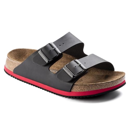 Birkenstock Sandale Arizona Superlauf, Birko-Flor Pantolette Schuh Halbschuh Latsche Zweischnaller Berufsschuh Schuhe Birki Arizona Slipper - Schwarz/Rot - Normal - Gr. 44