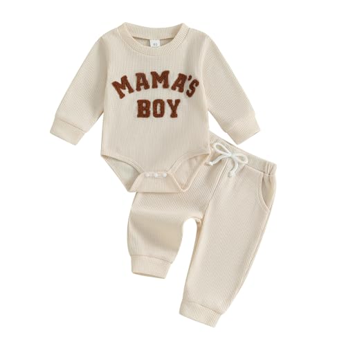 Vioyavo Neugeborenes Baby Jungen Outfit Frühling Herbst 2-teiliges Kleidungsset Buchstaben-Stickerei Langarm Strampler Elastisch Lange Hosen Set, beige, 6-12 Months