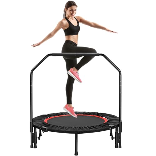 LIFERUN Fitness Trampolin Indoor Ø101cm,Tragfähigkeit 150 kg,Workout Rebounder,mit 3 Verstellbare Handgriffstufen,mini Trampoline für Erwachsene,Rot