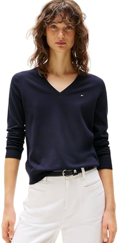 Tommy Hilfiger Damen Pullover Co Jersey Stitch Sweater V-Ausschnitt, Blau (Desert Sky), XXS