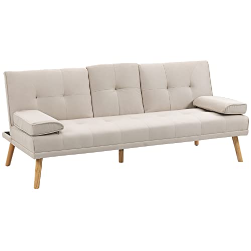 HOMCOM Schlafsofa, 3-Sitzer-Schlafcouch mit Klappbarem Tisch, Becherhalter, Bettsofa mit Leinenoptik, im Skandi-Design, bis 250 kg Belastbar, für Wohzimmer, Beige