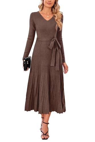 Arach&Cloz Strickkleid Damen Herbst Winterkleid Lang Plissee V-Ausschnitt Langarm Pulloverkleid Elegant Midi Kleider Winter