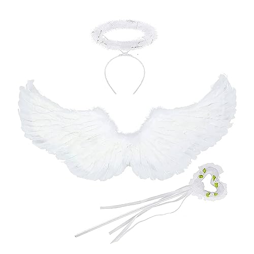 Engelsflügel Weiß, Engel Kostüm Damen mit Zauberstab und Heiligenschein, 60CM Engel Flügel Kostüm für Karneval Halloween Cosplay Party Fasching Kostüme Deko
