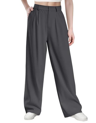 Glacspyg Damen Herbst und Winter Hohe Taille Freizeithosen Hochdichter Polyester Elasthan Stoff Business Arbeitshosen Glatte Elegante Weite Hosen mit Taschen Dunkelgrau XL