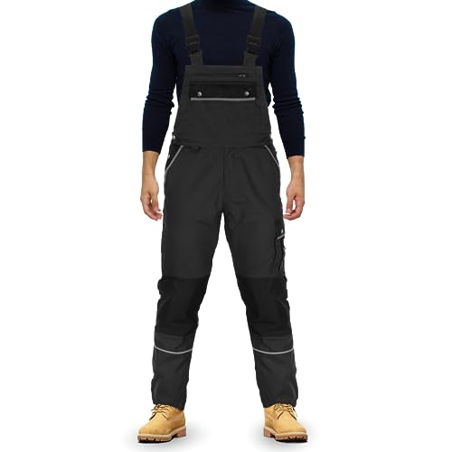 TMG® | Lange Arbeitslatzhose Herren, Schwarze Latzhose mit Kniepolstertaschen aus Cordura, viel Stauraum, robust | 56