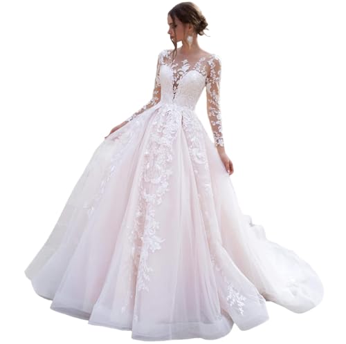 HUINI Brautkleider Lang Spitzen A-Linie Hochzeitskleid Boho Standesamt Brautmode Kleid A-Weiß 36