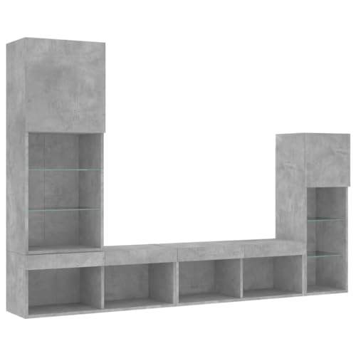 vidaXL Wohnwand 4-TLG., Schrankwand mit viel Stauraum, Anbauwand mit LED-Beleuchtung, Wandmontage Fernsehschrank Wohnzimmer Set Schrank, Betongrau Holzwerkstoff