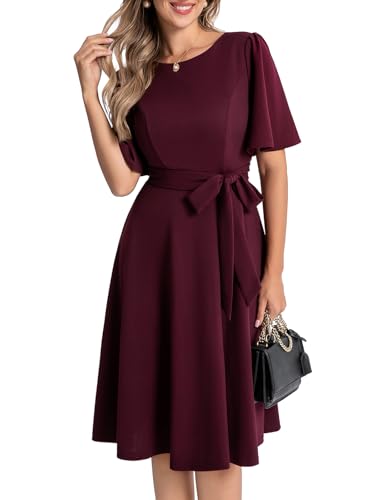 Bbonlinedress Abendkleider elegant für Hochzeit Sommerkleid Damen elegant Kurzarm festliches Kleid midilang Party Cocktailkleid Burgundy L