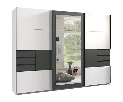 Schwebetürenschrank Kleiderschrank 3-türig B270/H208/T64 cm in Weiß mit Absetzungen in Grafit, Rahmenspiegeltür, 2 Türen jeweils mit Ausschnitt für 3 Schubladen, Einlegeböden, Kleiderstangen / 22502