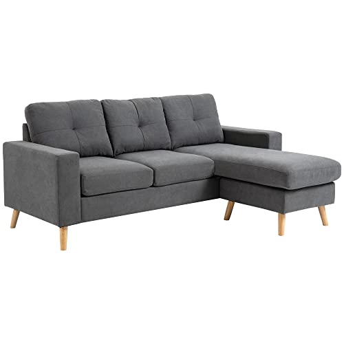 HOMCOM Ecksofa L-Form Sofa mit 3 Kissen, Eckcouch mit Knopfheftung, Leinenoptik, Veränderbare Chaiselounge Couch Wohnlandschaft für Wohnzimmer, Schlafzimmer 193 x 136 x 85 cm Dunkelgrau