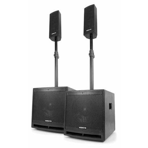 Vonyx VX1000BT PA Lautsprecher Set, Aktiv Musikanlage, 1000 Watt 2X Subwoofer, 2X Topteile, 2X Bi-amp Lautsprecherkabel, für Partys, Gigs und kleine Festivals, schwarz