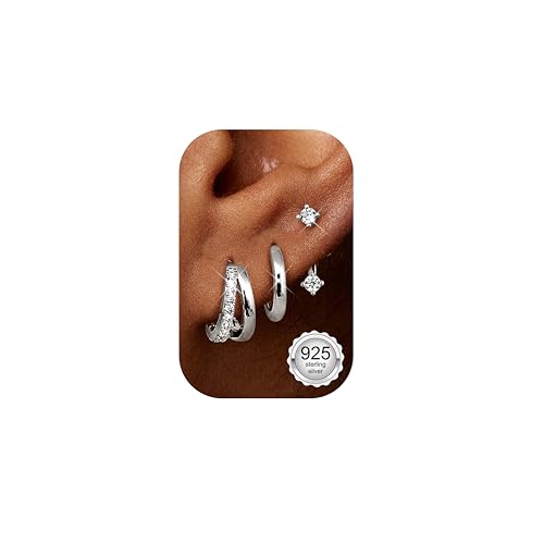 Finrezio 3 Paar Ohrringe Silber 925 für Damen Creolen Silber 14K Vergoldet Ohrstecker Silber 925 Hypoallergen Ohrringe Klein Creolen Huggie Piercing Ohr Silber Ohrringe Schmuck für Mehrere Piercings
