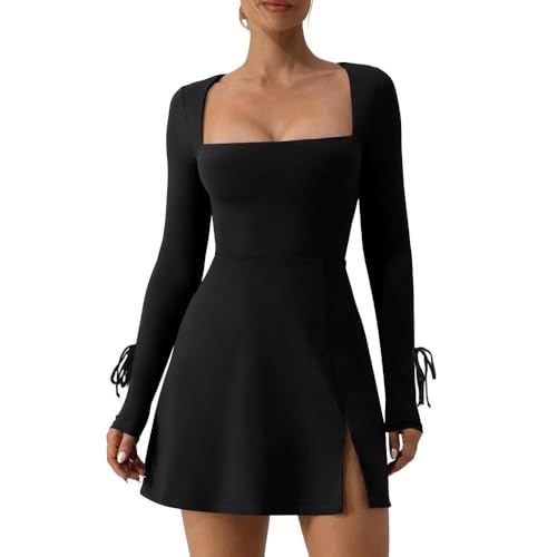 XFSRG Kleider Damen Sexy Langarm Eng Schlitz Elegant Quadratischem Ausschnitt Bleistift Minikleid Cocktailkleid Partykleid(Schwarz/M)