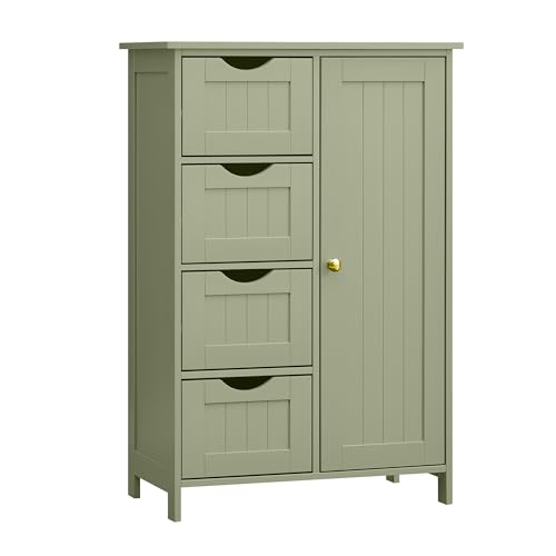 VASAGLE Badezimmerschrank, schmaler Badschrank, Beistellschrank, Kommode, mit 4 Schubladen, Schranktür, verstellbare Ablage, 30 x 55 x 82 cm, lorbeergrün LHC041C02