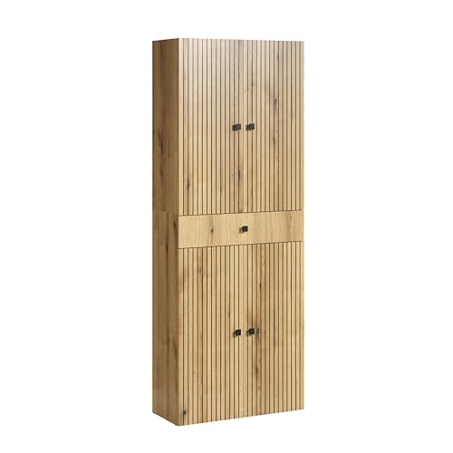 trendteam smart living - PureBliss - Hochschrank breit - Evoke Eiche - Rillenoptik - 1 Schublade + 4 Einlegeböden - (BxHxT) 70 x 186 x 31cm - Badschrank mit edlen Metallgriffen