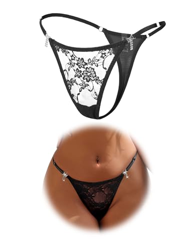 sunshinelady G String Tanga Sexy Dünn Damen Thong Spitze Brazilian Slip Große Größen Verstellbare Unterwäsche mit Strass Atmungsaktive Unterhose Mini Panties Low Rise Hipster Höschen Dessous Schwarz,M